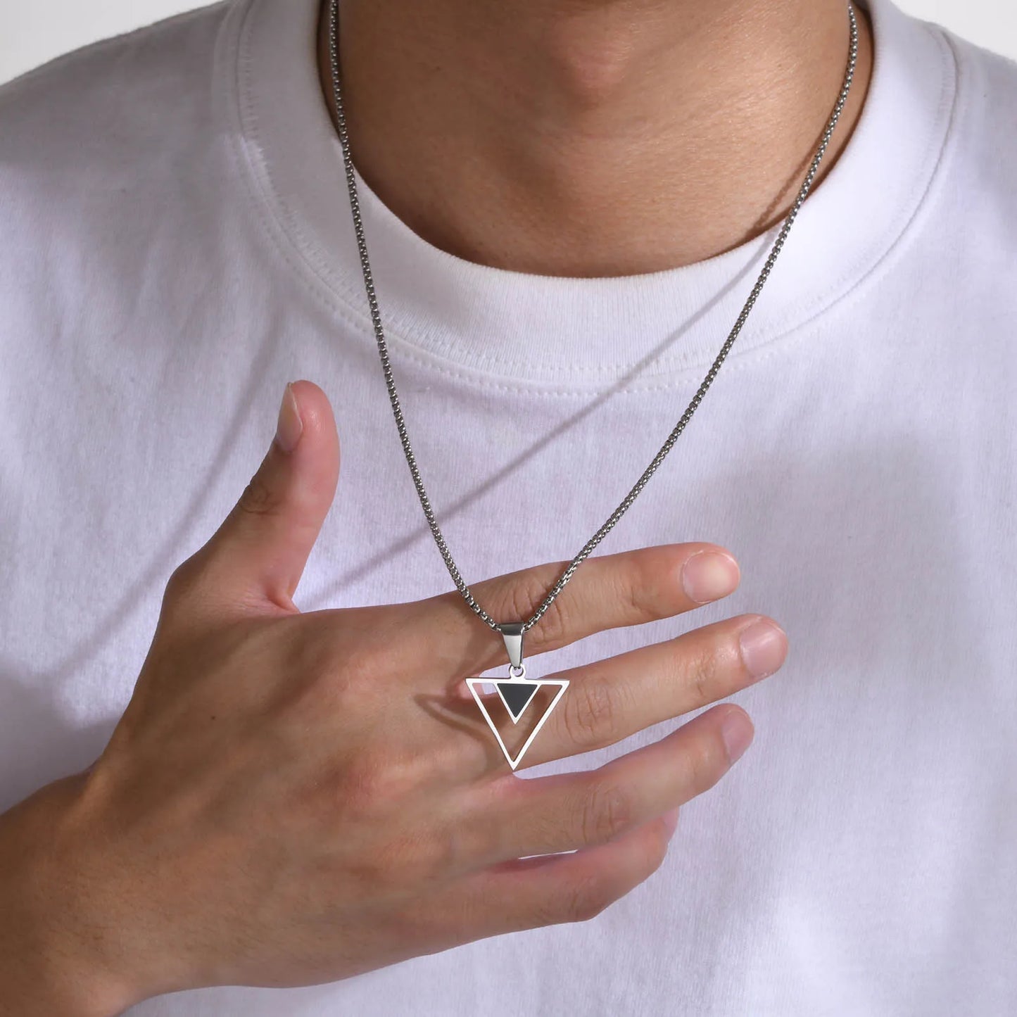 Men's Triangle Pendant Necklace for Boys, Waterproof Stainless Steel New Fashion Hollow Geometric Collar Male Gifts Jewelry