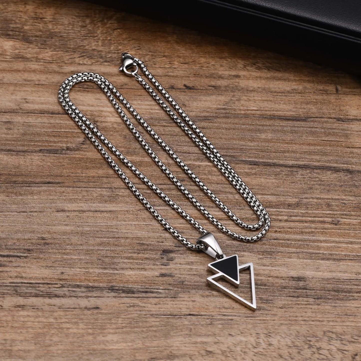 Men's Triangle Pendant Necklace for Boys, Waterproof Stainless Steel New Fashion Hollow Geometric Collar Male Gifts Jewelry